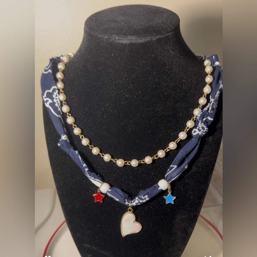 🎀 Pearl and Bandana fabric Necklace with Heart and Star Charms 🎀